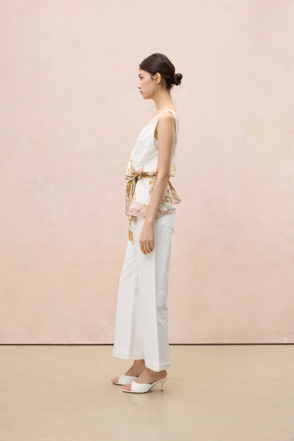 BOTANICAL SKETCH SILK-BLEND ASYMMETRIC VEST TOP