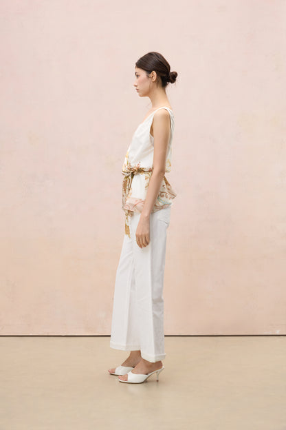 BOTANICAL SKETCH SILK-BLEND ASYMMETRIC VEST TOP