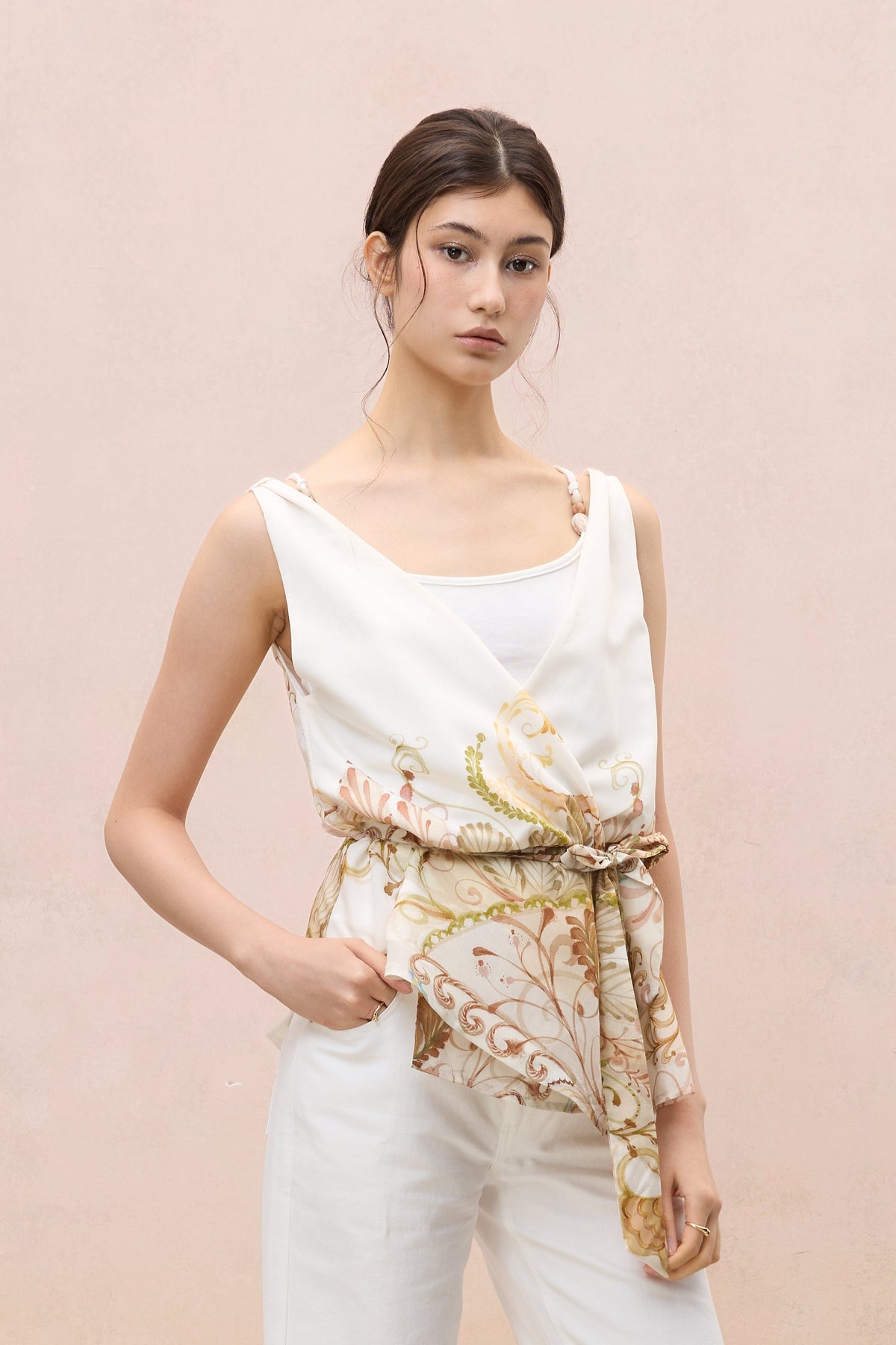 BOTANICAL SKETCH SILK-BLEND ASYMMETRIC VEST TOP