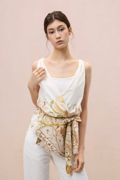 BOTANICAL SKETCH SILK-BLEND ASYMMETRIC VEST TOP