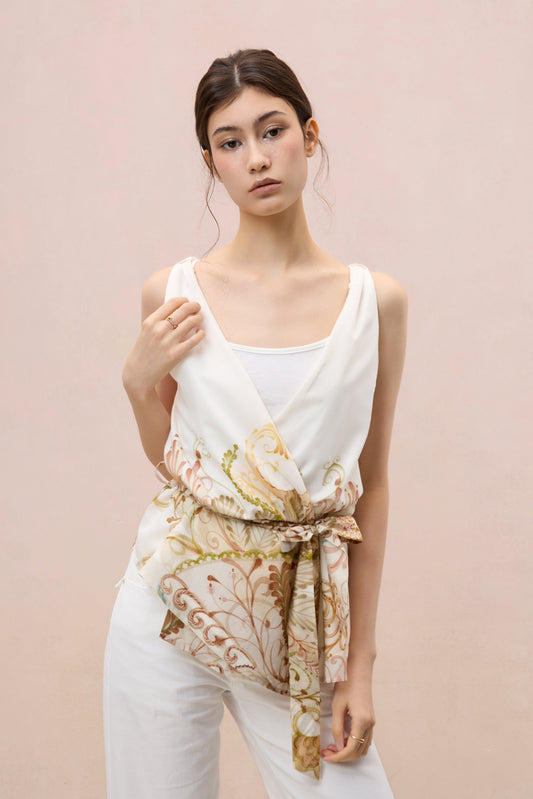 BOTANICAL SKETCH SILK-BLEND ASYMMETRIC VEST TOP