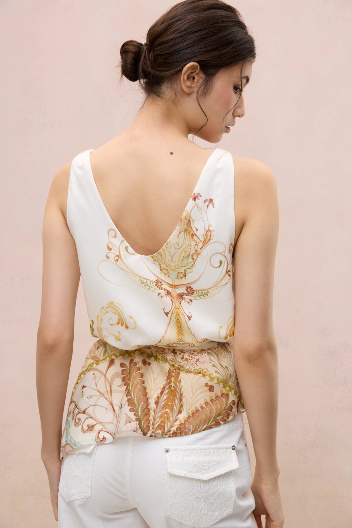 BOTANICAL SKETCH SILK-BLEND ASYMMETRIC VEST TOP