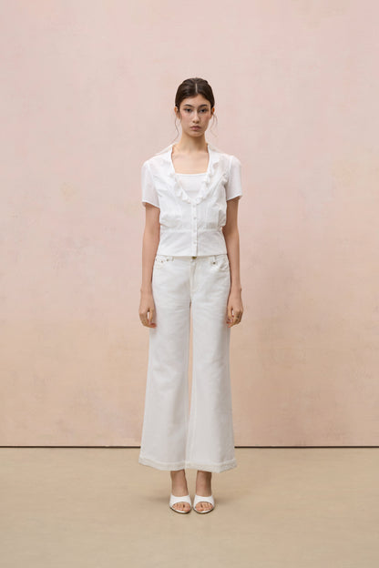 RUFFLED V-NECK COTTON-LINEN BLOUSE