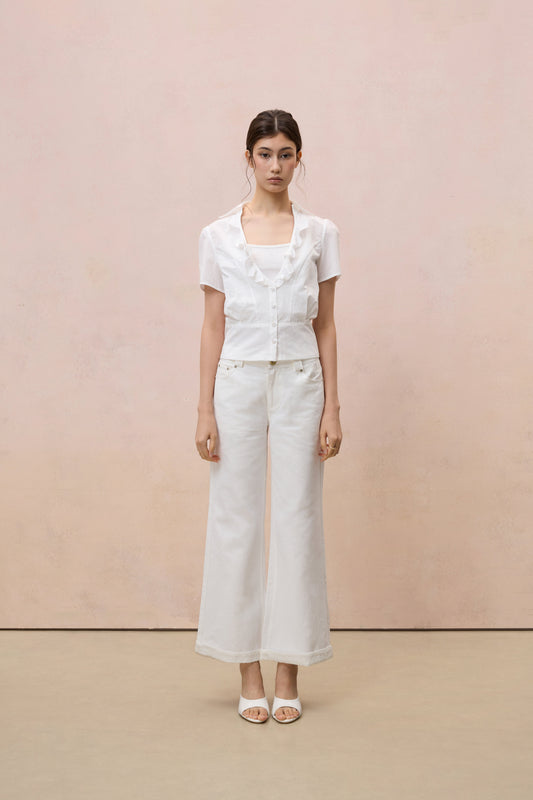 RUFFLED V-NECK COTTON-LINEN BLOUSE