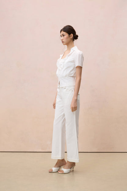 RUFFLED V-NECK COTTON-LINEN BLOUSE