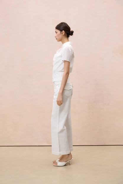 RUFFLED V-NECK COTTON-LINEN BLOUSE