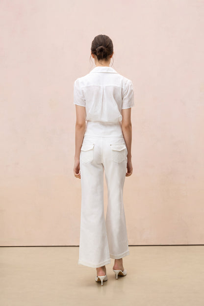 RUFFLED V-NECK COTTON-LINEN BLOUSE