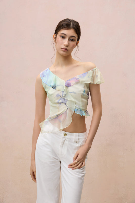 FLORAL ASYMMETRIC OFF-THE-SHOULDER TOP