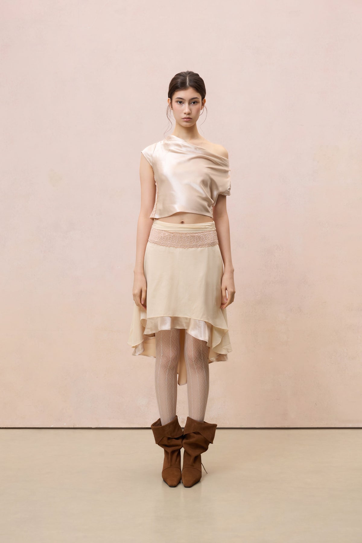 CHAMPAGNE SATIN LACE-TRIMMED ASYMMETRIC TOP
