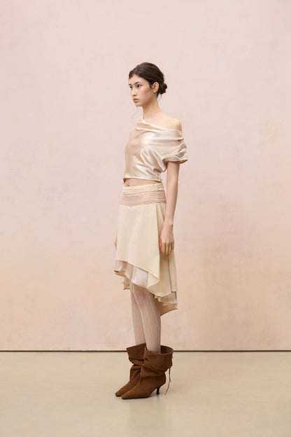 CHAMPAGNE LAYERED LACE ASYMMETRIC MIDI SKIRT