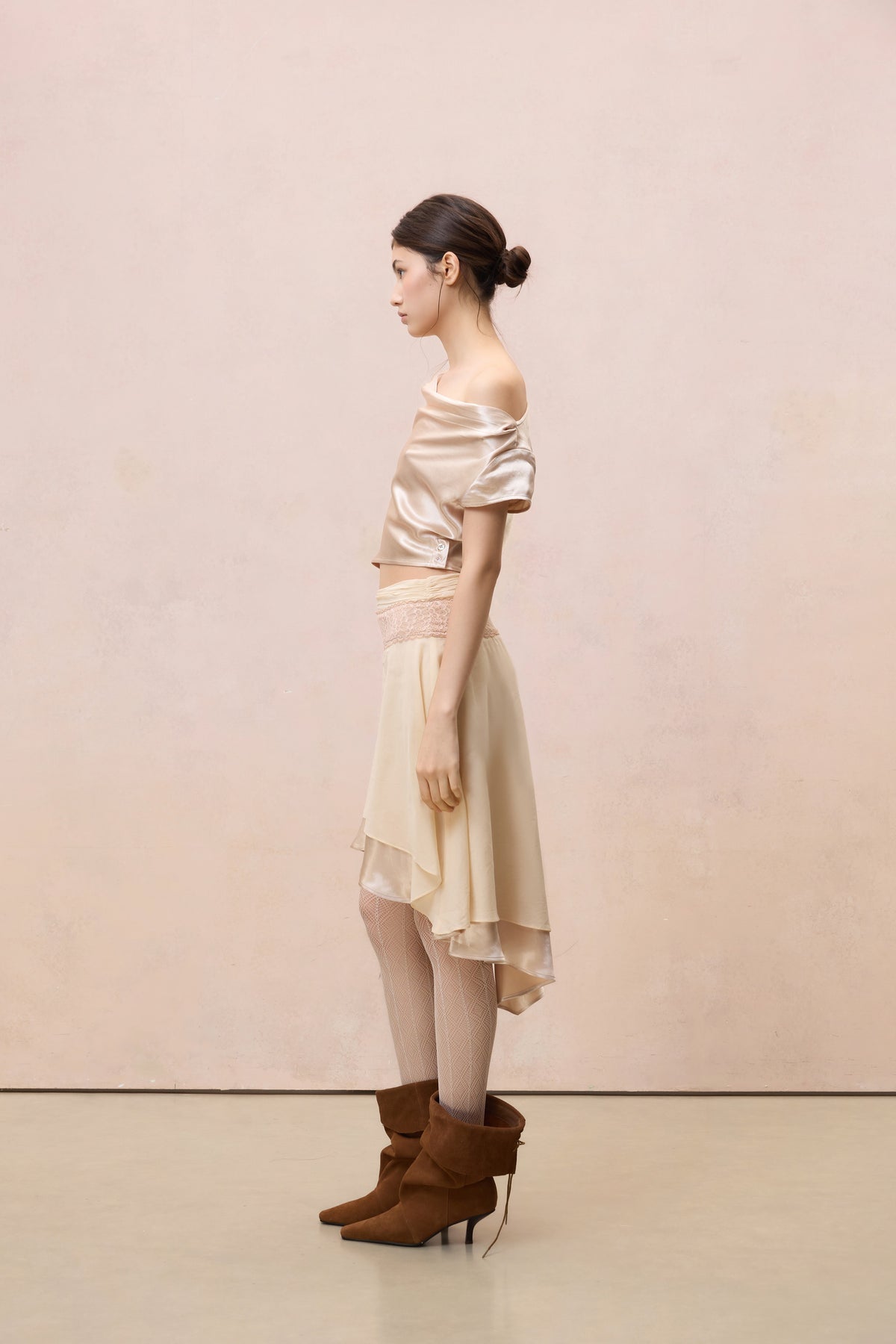 CHAMPAGNE SATIN LACE-TRIMMED ASYMMETRIC TOP