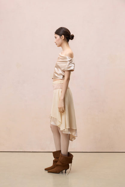 CHAMPAGNE SATIN LACE-TRIMMED ASYMMETRIC TOP