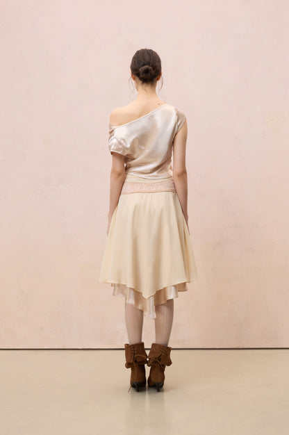 CHAMPAGNE SATIN LACE-TRIMMED ASYMMETRIC TOP