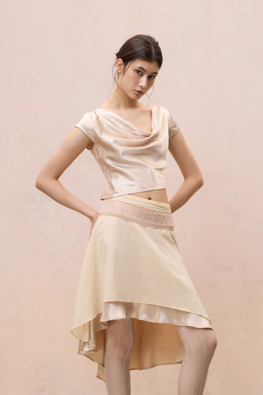 CHAMPAGNE LAYERED LACE ASYMMETRIC MIDI SKIRT