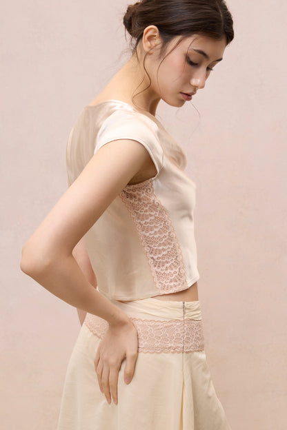CHAMPAGNE SATIN LACE-TRIMMED ASYMMETRIC TOP