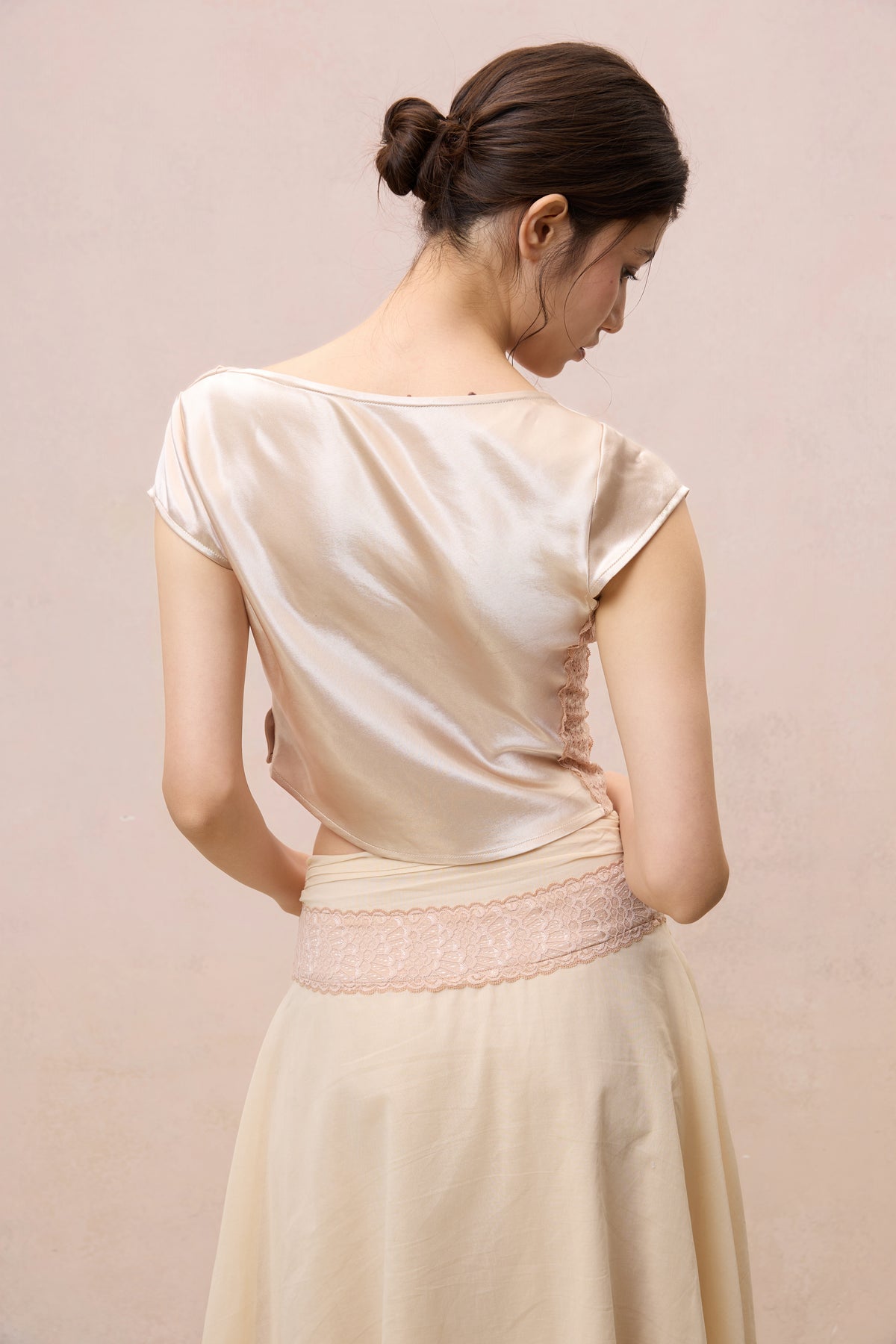 CHAMPAGNE SATIN LACE-TRIMMED ASYMMETRIC TOP