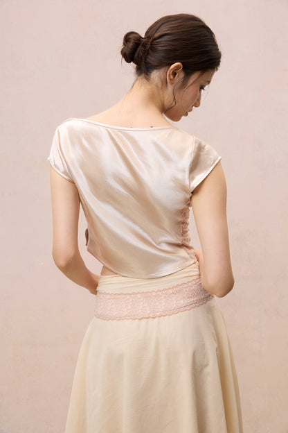 CHAMPAGNE SATIN LACE-TRIMMED ASYMMETRIC TOP