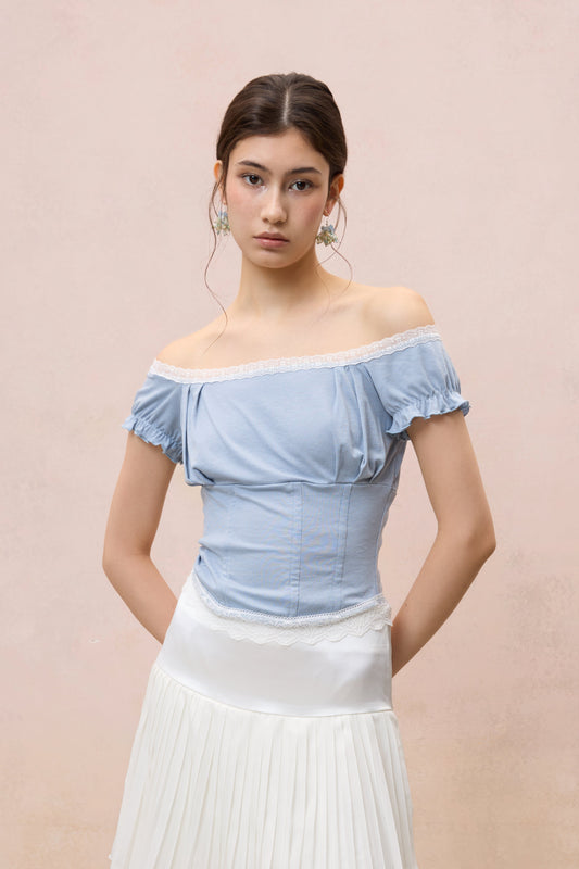 LIGHT BLUE LACE OFF-SHOULDER KNIT TOP