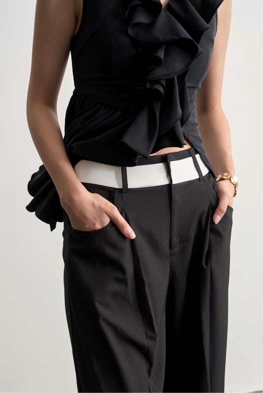 BLACK AND WHITE STRIPED WIDE-LEG TROUSERS