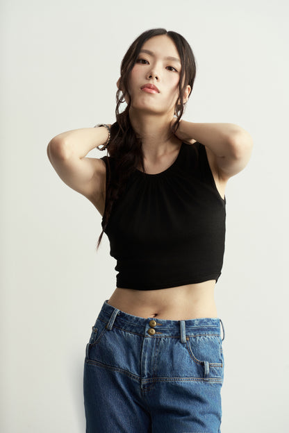 BLACK DOUBLE-LAYER COTTON CROP TOP