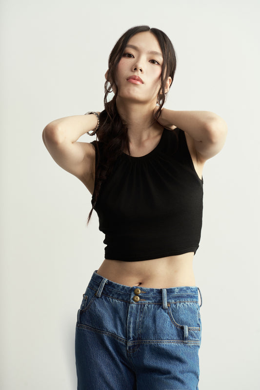 BLACK DOUBLE-LAYER COTTON CROP TOP