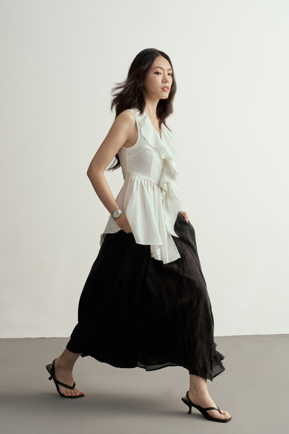 WHITE ASYMMETRIC RUFFLES SLEEVELESS BLOUSE
