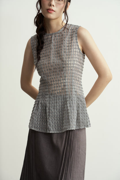 SLEEVELESS SEMI-SHEER GREY CHECK FITTED TOP