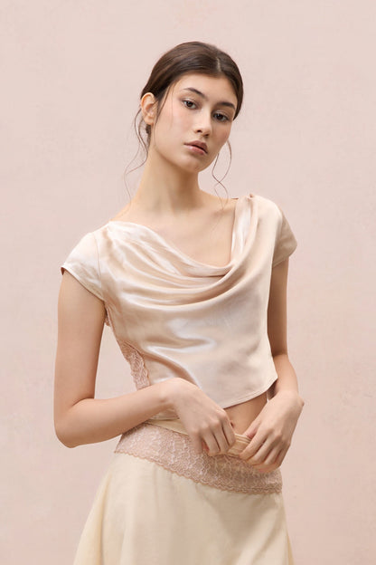 CHAMPAGNE SATIN LACE-TRIMMED ASYMMETRIC TOP