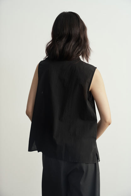 TRADITIONAL CHINESE BLACK ROUND NECK PLEATS SLEEVELESS TOP