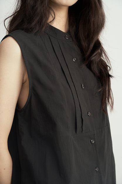 TRADITIONAL CHINESE BLACK ROUND NECK PLEATS SLEEVELESS TOP