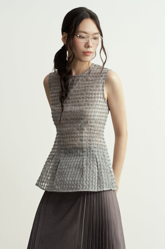 SLEEVELESS SEMI-SHEER GREY CHECK FITTED TOP