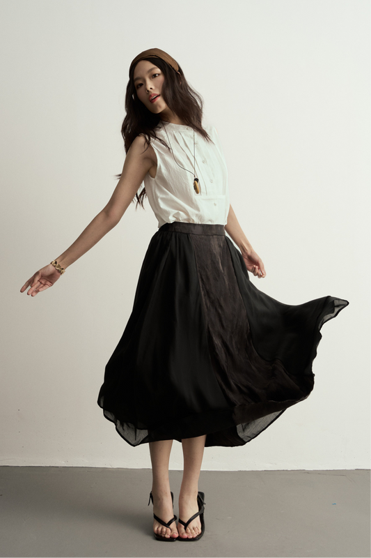 BLACK JACQUARD FLARED SKIRT WITH SHEER PANELS