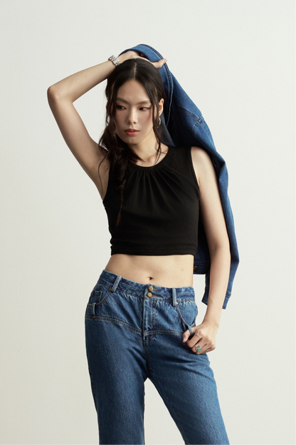 BLACK DOUBLE-LAYER COTTON CROP TOP
