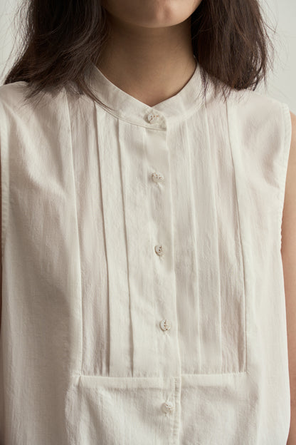TRADITIONAL CHINESE WHITE ROUND NECK PLEATS SLEEVELESS TOP