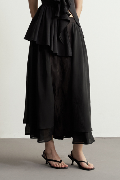 BLACK JACQUARD FLARED SKIRT WITH SHEER PANELS