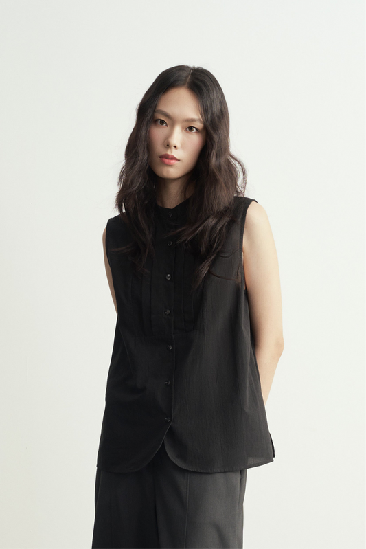 TRADITIONAL CHINESE BLACK ROUND NECK PLEATS SLEEVELESS TOP