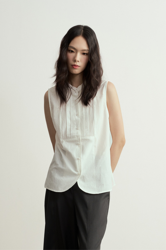 TRADITIONAL CHINESE WHITE ROUND NECK PLEATS SLEEVELESS TOP
