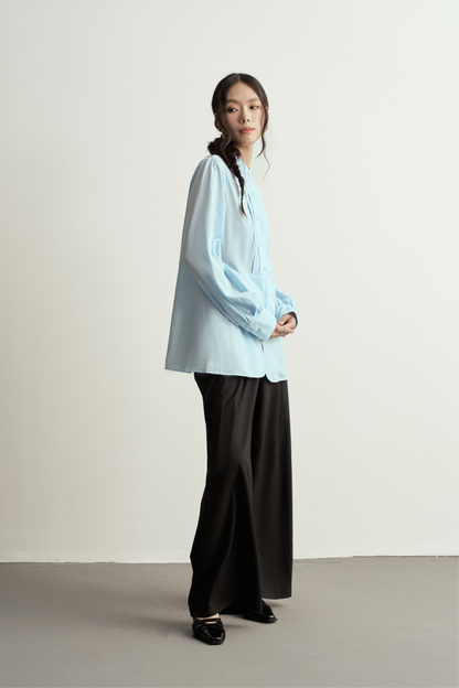 TRADITIONAL CHINESE ROUND NECK PLEATS BABY BLUE SHIRT