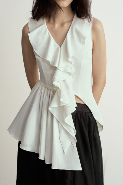 WHITE ASYMMETRIC RUFFLES SLEEVELESS BLOUSE