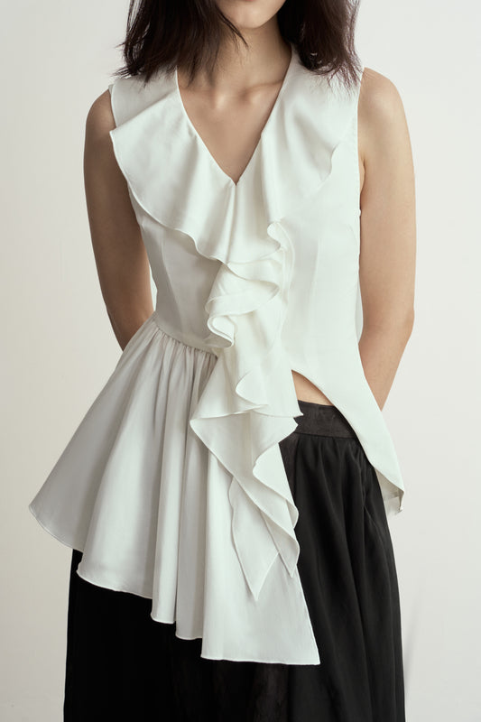 WHITE ASYMMETRIC RUFFLES SLEEVELESS BLOUSE
