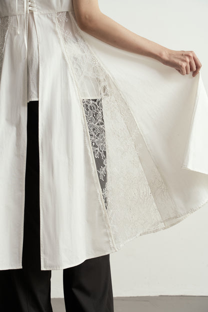 WHITE LACE TIE-DETAIL SLEEVELESS LONG OVERLAY