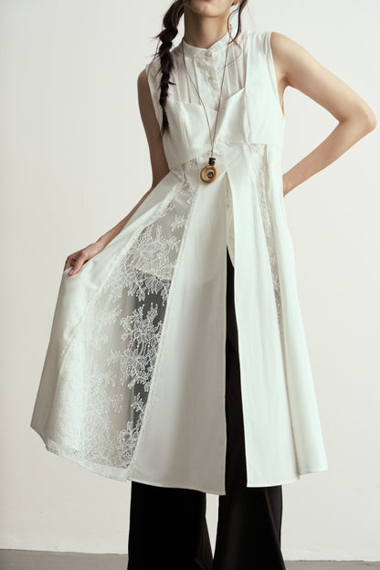 WHITE LACE TIE-DETAIL SLEEVELESS LONG OVERLAY