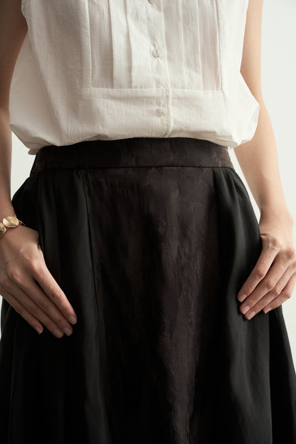 BLACK JACQUARD FLARED SKIRT WITH SHEER PANELS