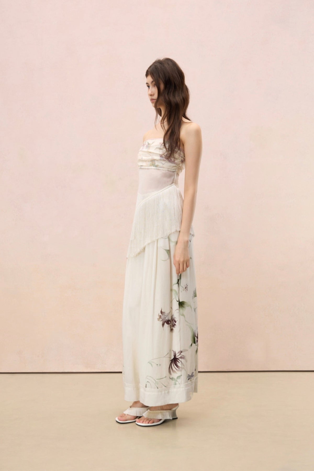 FLORAL PRINTED FRINGE STRAPLESS TOP