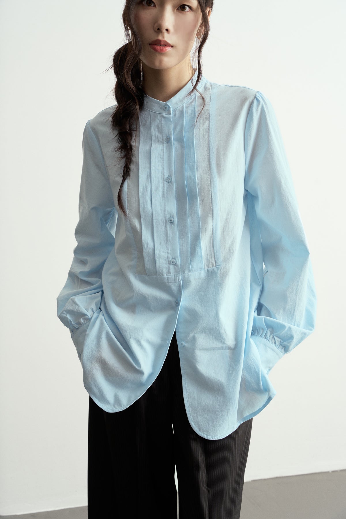 TRADITIONAL CHINESE ROUND NECK PLEATS BABY BLUE SHIRT
