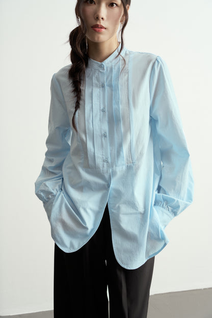 TRADITIONAL CHINESE ROUND NECK PLEATS BABY BLUE SHIRT