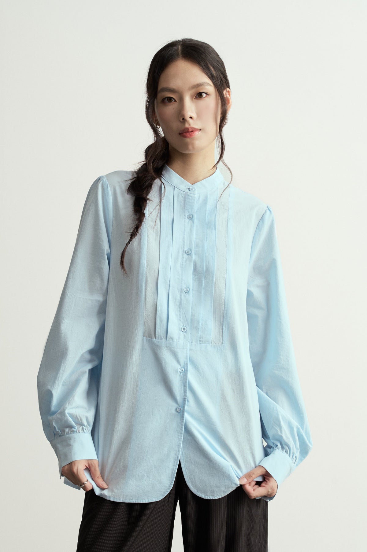 TRADITIONAL CHINESE ROUND NECK PLEATS BABY BLUE SHIRT