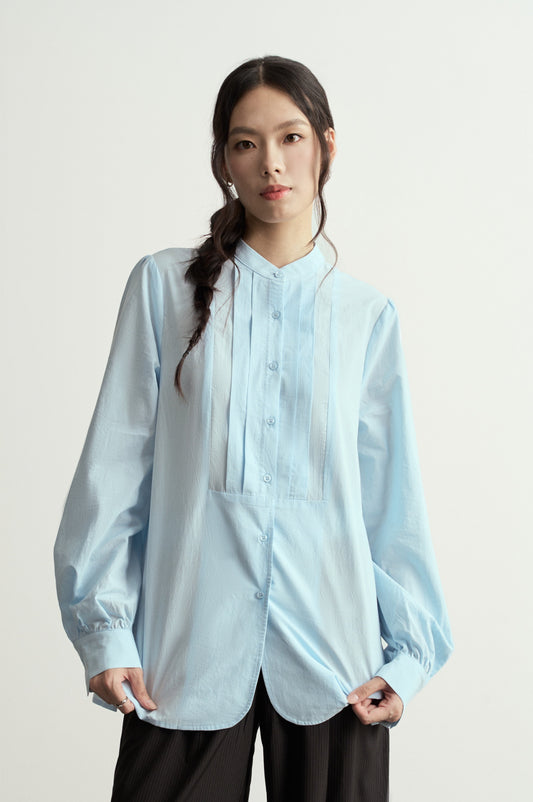 TRADITIONAL CHINESE ROUND NECK PLEATS BABY BLUE SHIRT