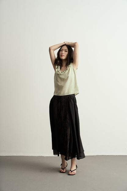 LIGHT GREEN LINEN SLEEVELESS TOP WITH DOUBLE RUFFLE NECKLINE
