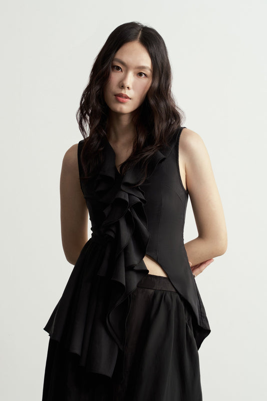 BLACK ASYMMETRIC RUFFLES SLEEVELESS BLOUSE